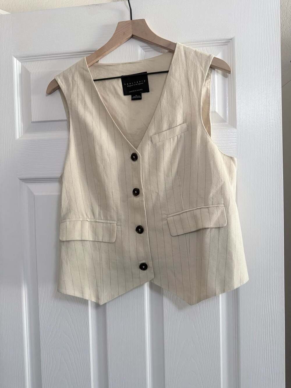 Sanctuary Cream Striped Linen-Blend Tailored Vest Size XL